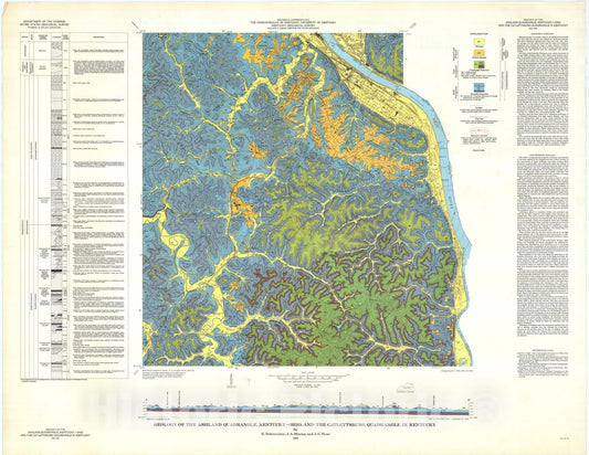 Map : Geology of the Ashland quadrangle, Kentucky-Ohio and the Catlettsburg quadrangle in Kentucky, 1963 Cartography Wall Art :