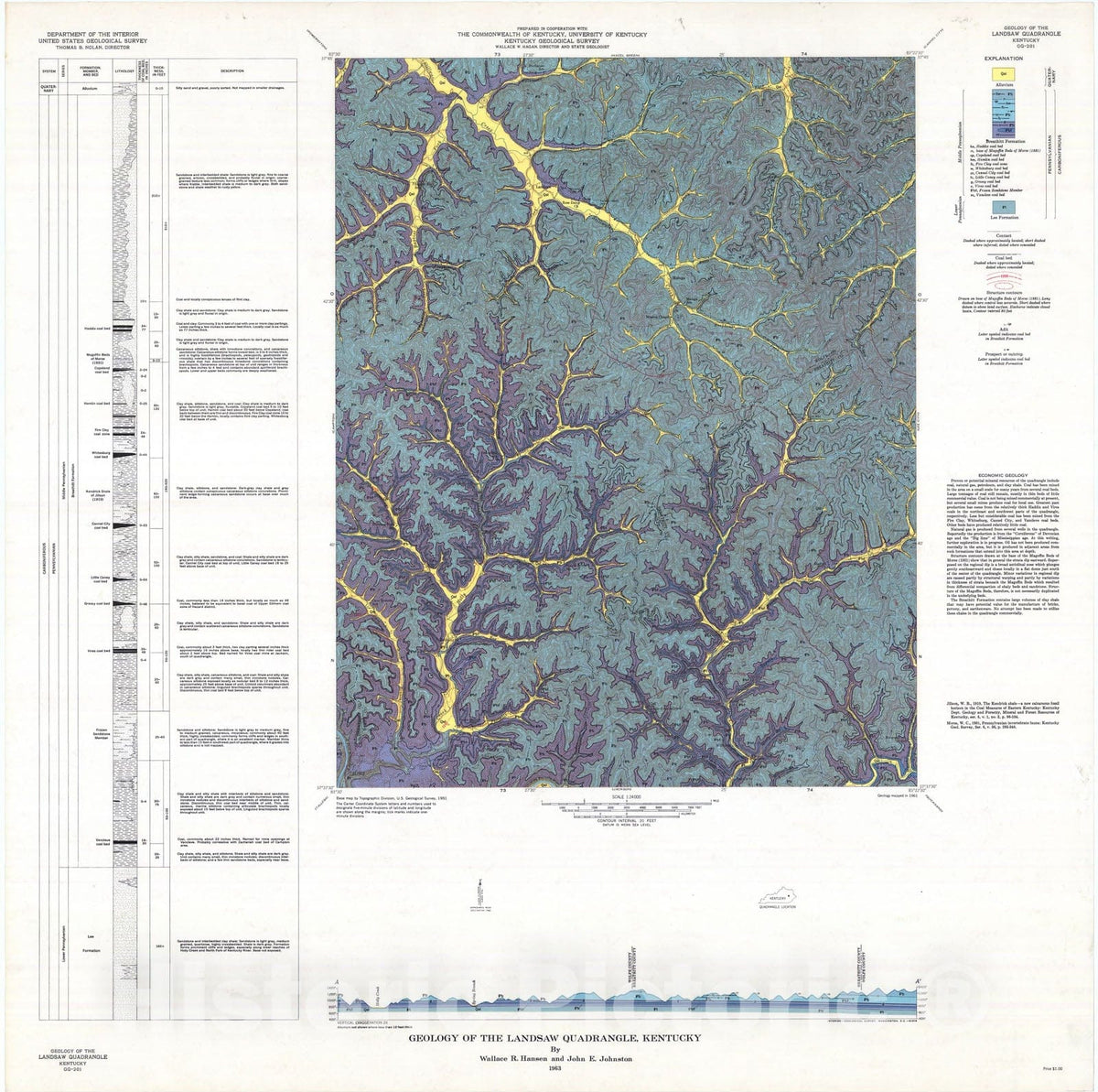 Map : Geology of the Landsaw quadrangle, Kentucky, 1963 Cartography Wall Art :