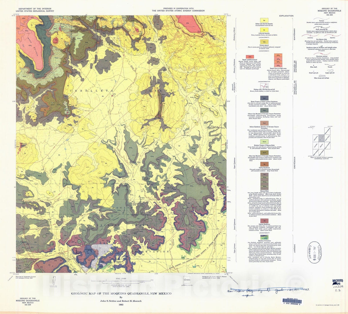 Map : Geologic map of the Moquino quadrangle, New Mexico, 1963 Cartography Wall Art :