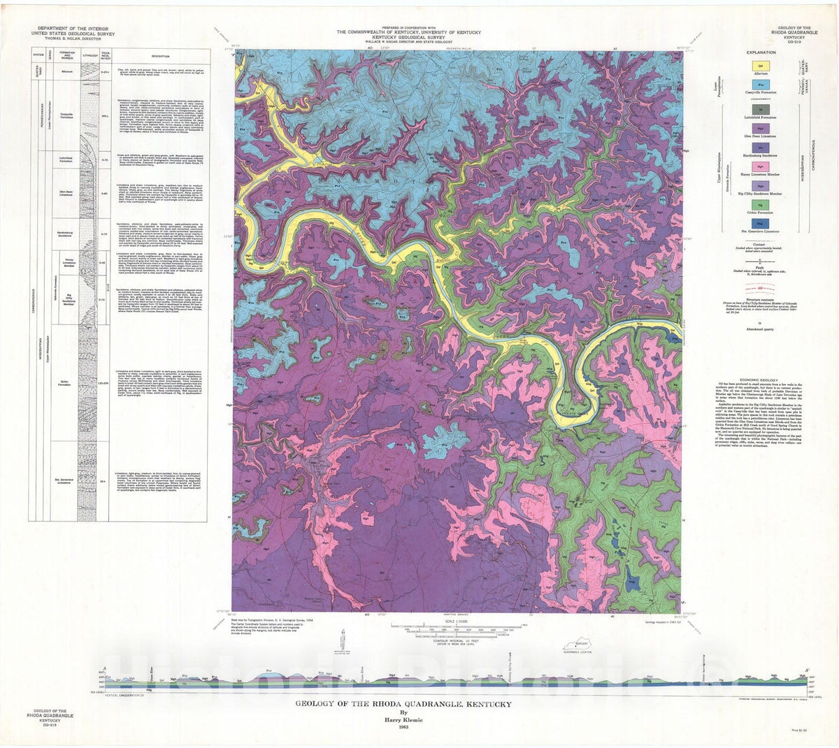 Map : Geology of the Rhoda quadrangle, Kentucky, 1963 Cartography Wall Art :