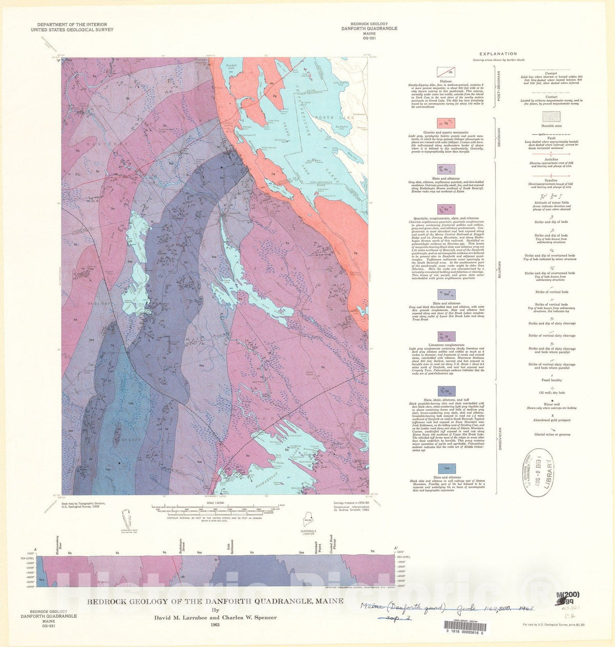 Map : Bedrock geology of the Danforth quadrangle, Maine, 1963 Cartography Wall Art :