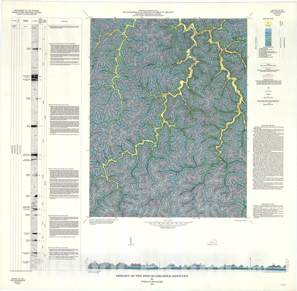 Map : Geology of the Inez quadrangle, Kentucky, 1963 Cartography Wall Art :
