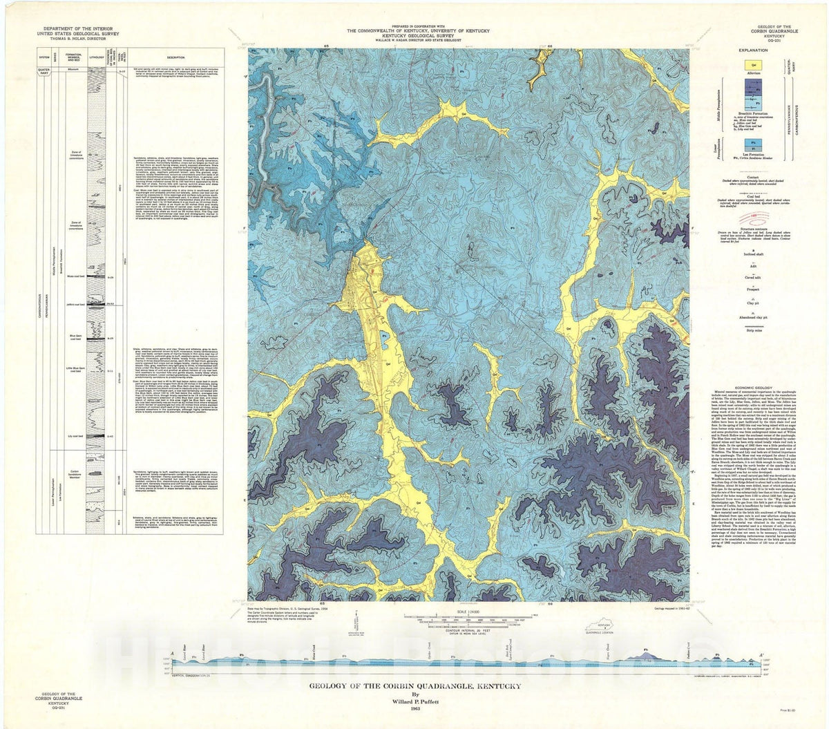 Map : Geology of the Corbin quadrangle, Kentucky, 1963 Cartography Wall Art :