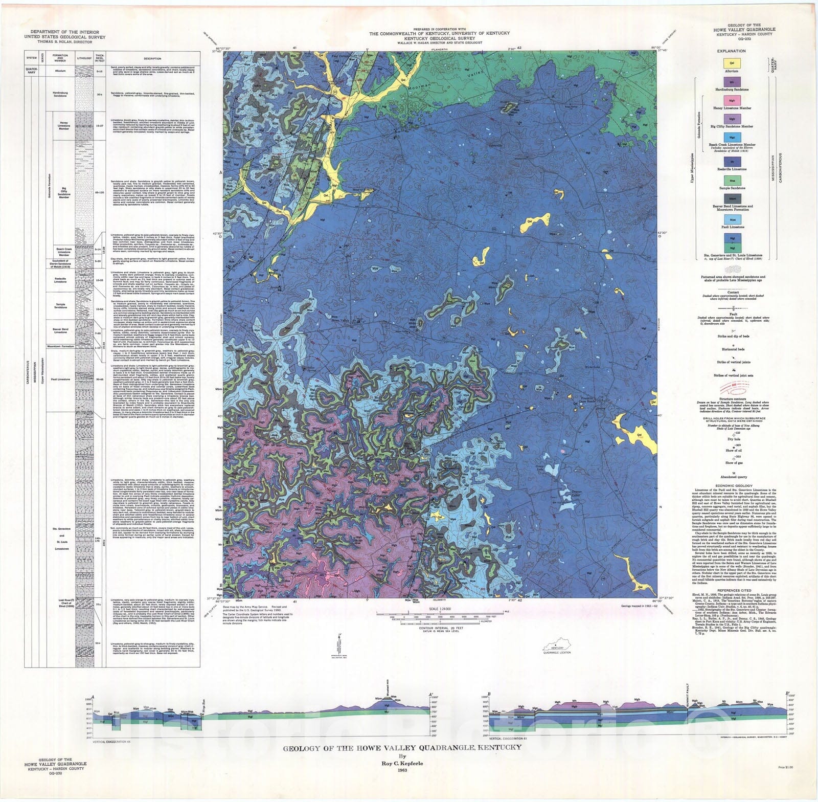 Map : Geology of the Howe Valley quadrangle, Kentucky, 1963 Cartography Wall Art :