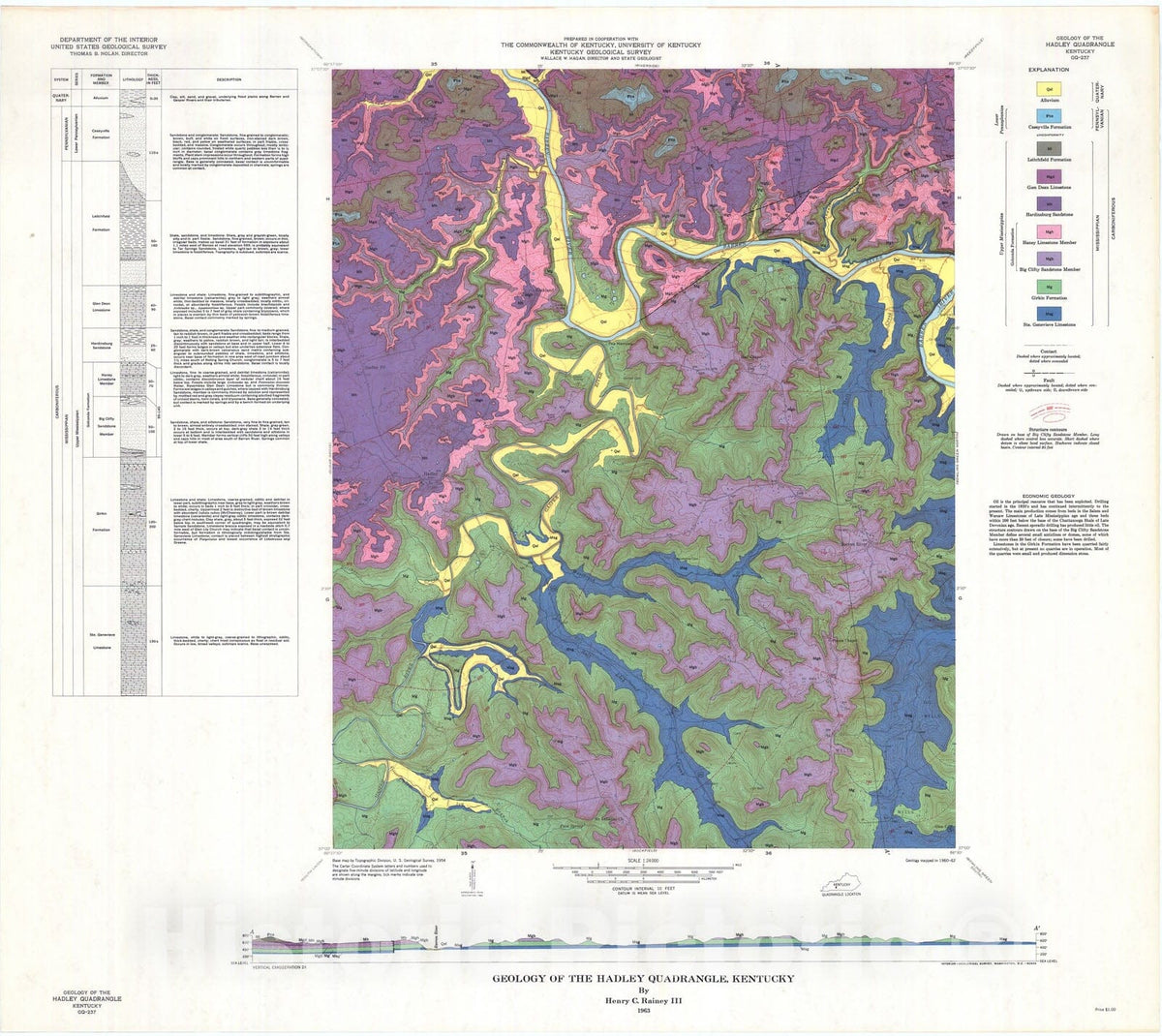 Map : Geology of the Hadley quadrangle, Kentucky, 1963 Cartography Wall Art :