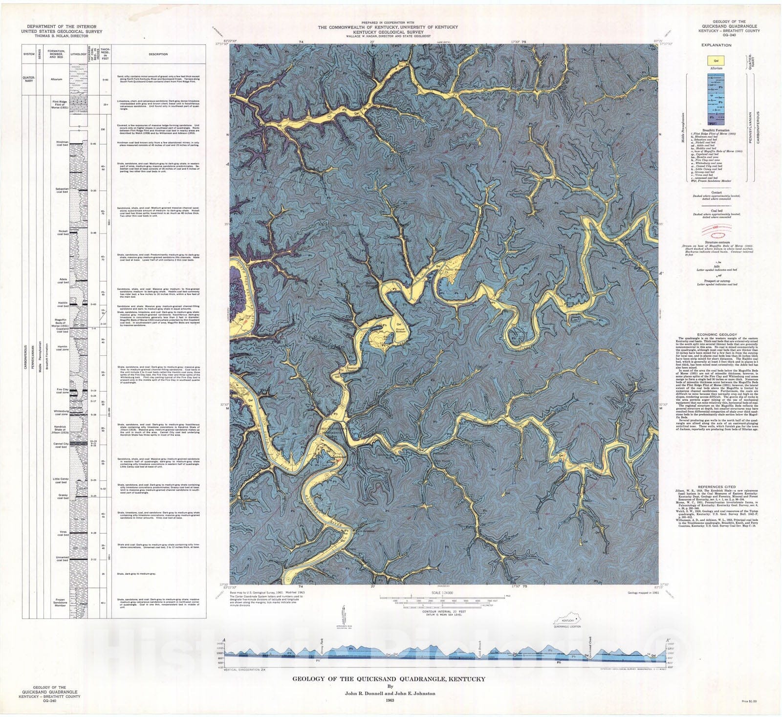Map : Geology of the Quicksand quadrangle, Kentucky, 1963 Cartography Wall Art :