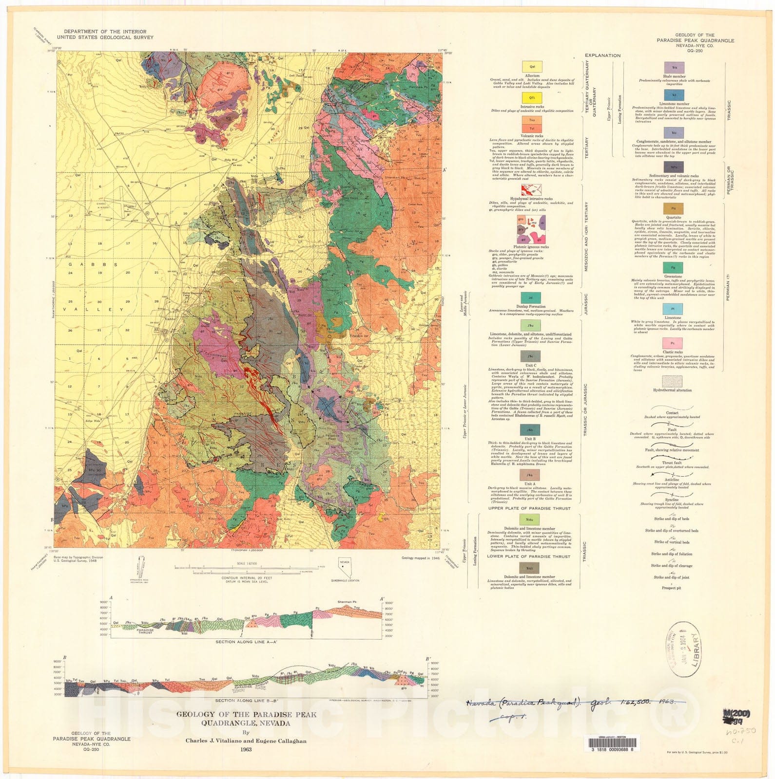 Map : Geology of the Paradise Peak quadrangle, Nevada, 1963 Cartography Wall Art :
