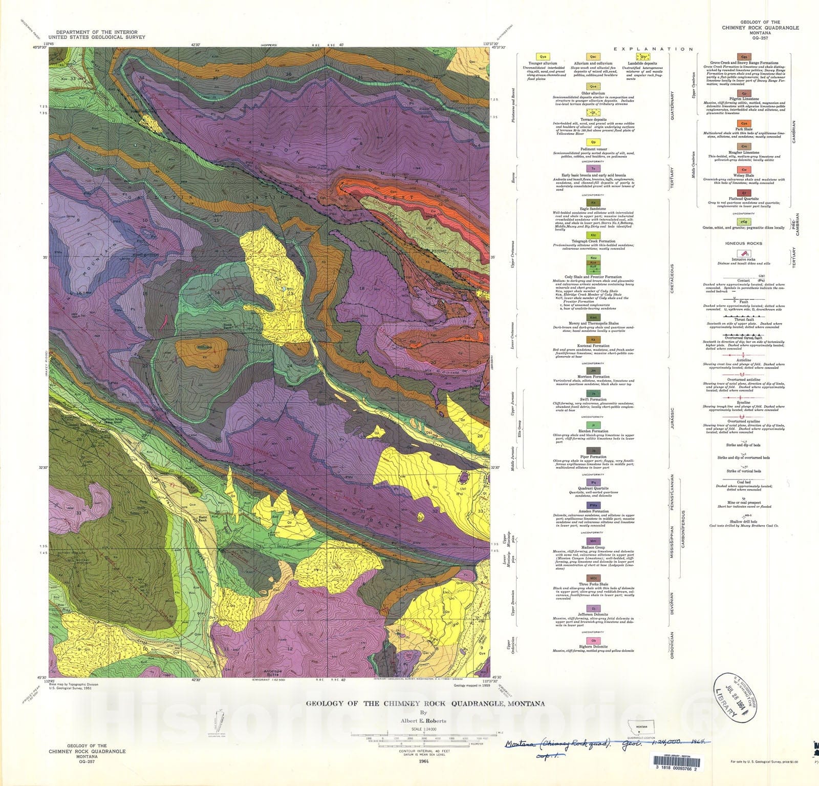 Map : Geology of the Chimney Rock quadrangle, Montana, 1964 Cartography Wall Art :