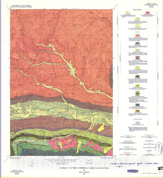 Map : Geology of the Hoppers quadrangle, Montana, 1964 Cartography Wall Art :