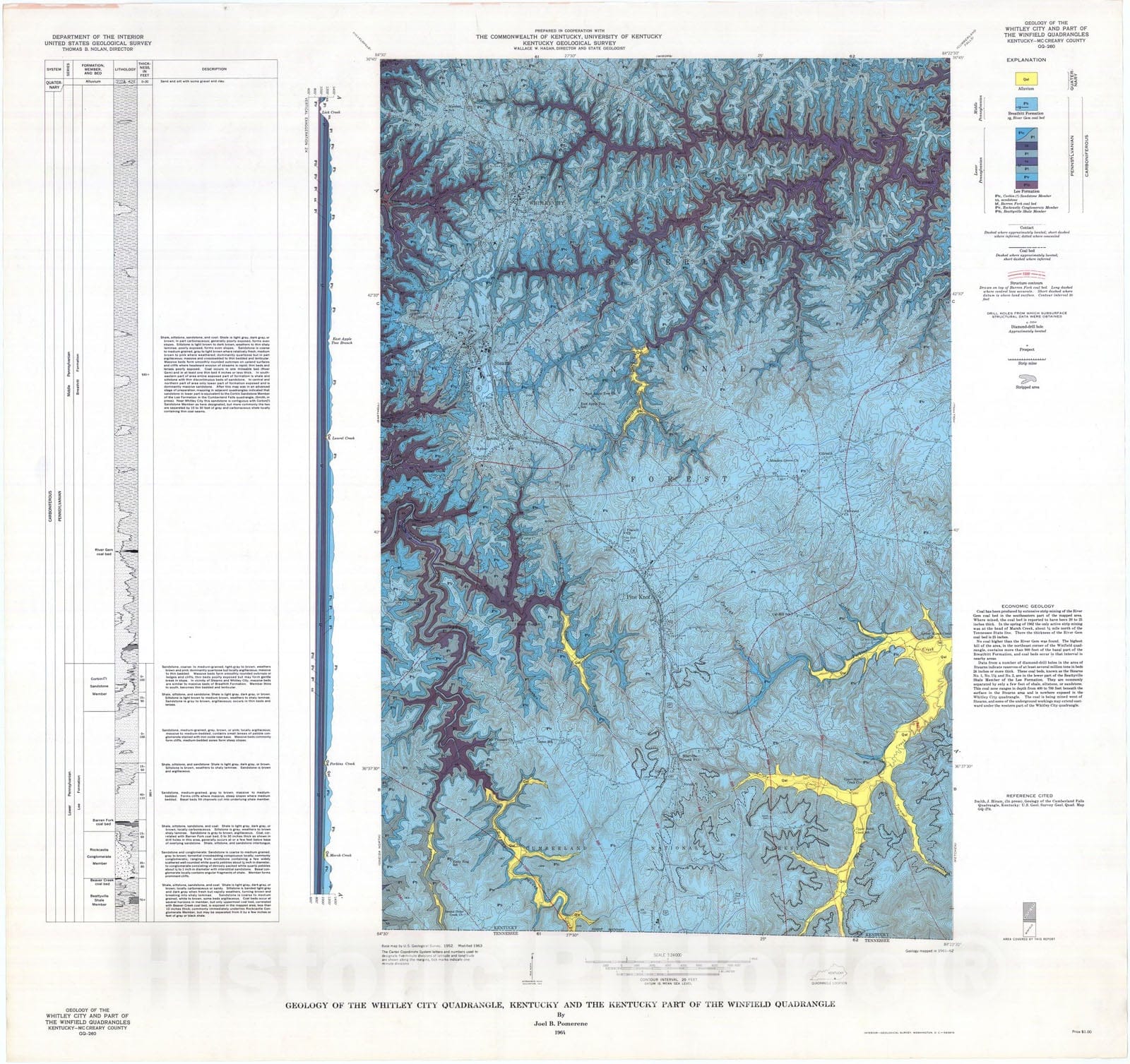 Map : Geology of the Whitley City quadrangle, Kentucky and the Kentucky part of the Winfield quadrangle, 1964 Cartography Wall Art :