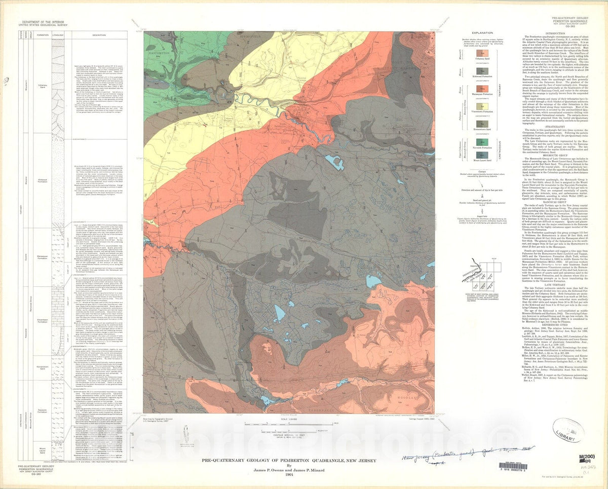 Map : Pre-Quaternary geology of the Pemberton quadrangle, New Jersey, 1964 Cartography Wall Art :