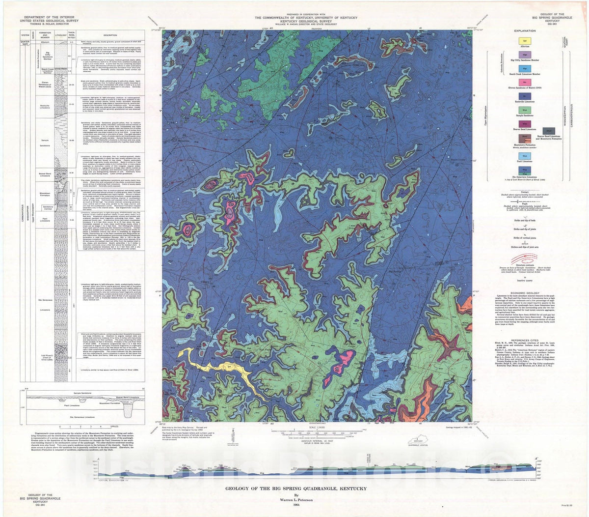Map : Geology of the Big Spring quadrangle, Kentucky, 1964 Cartography Wall Art :