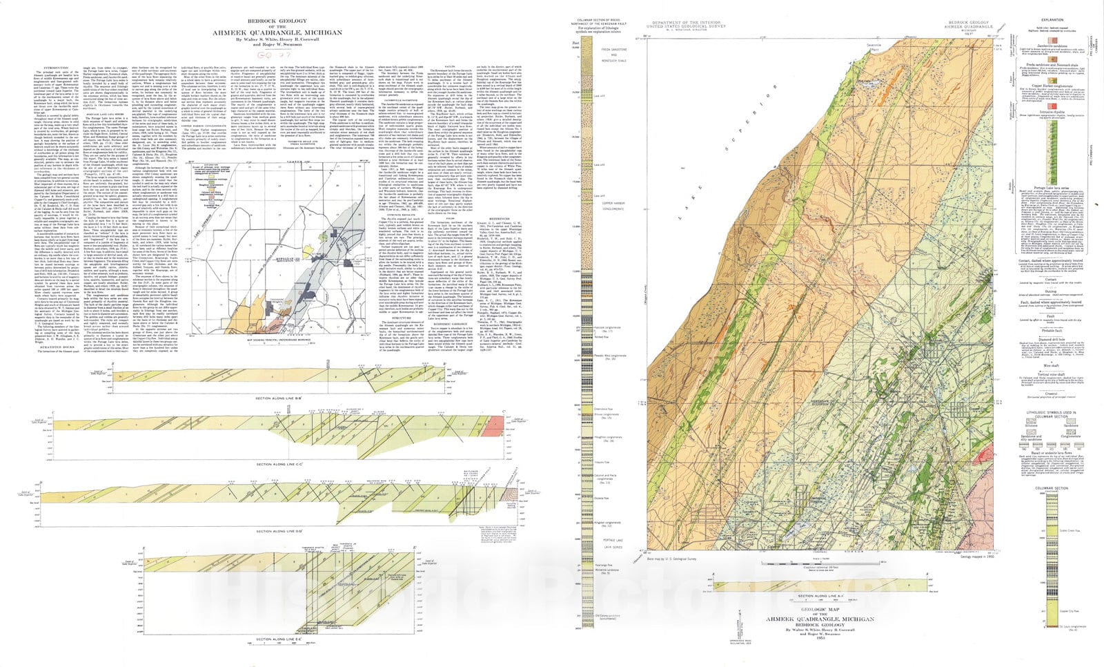 Map : Bedrock geology of the Ahmeek quadrangle, Michigan, 1953 Cartography Wall Art :