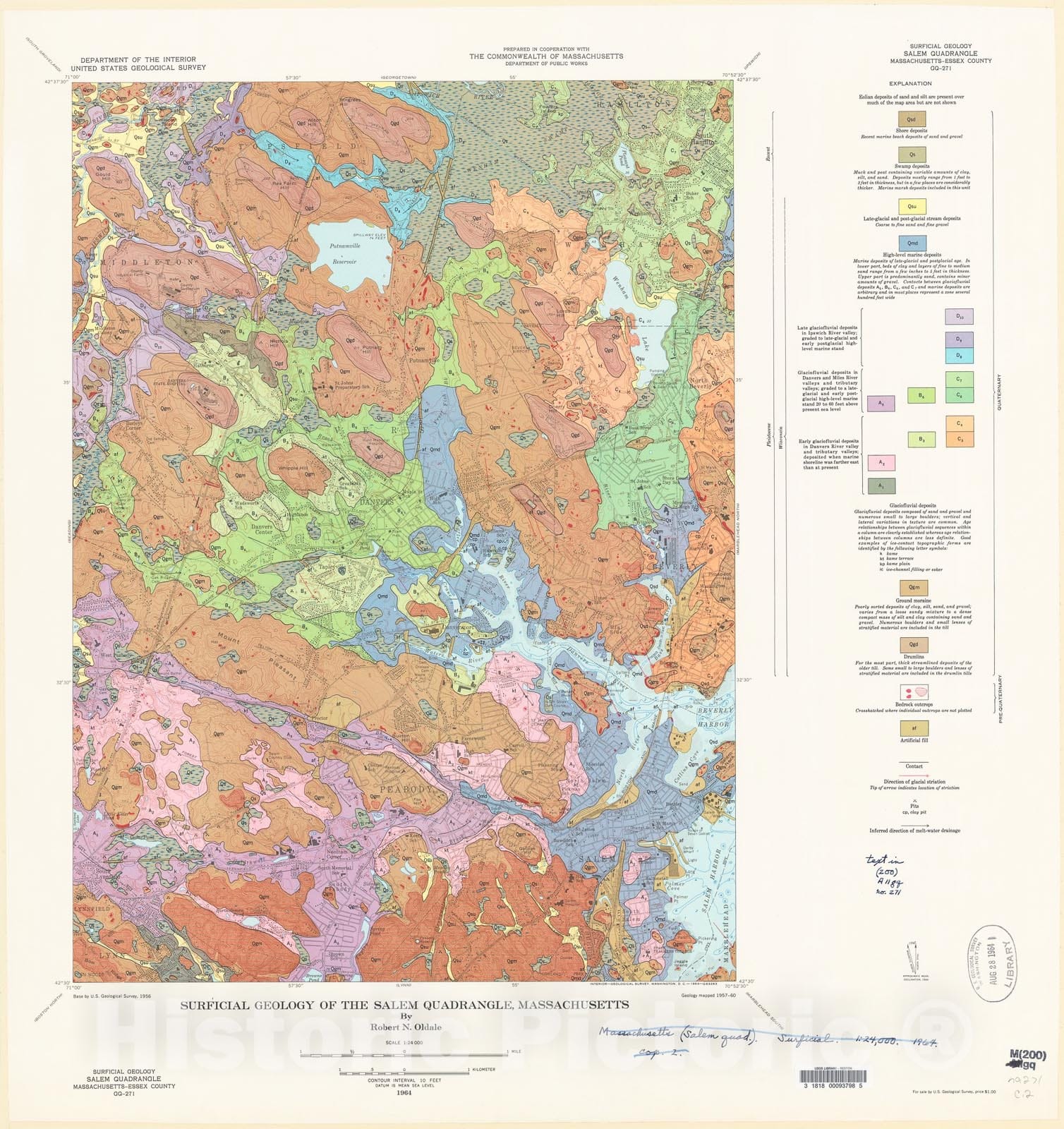 Map : Surficial geology of the Salem quadrangle, Massachusetts, 1964 Cartography Wall Art :