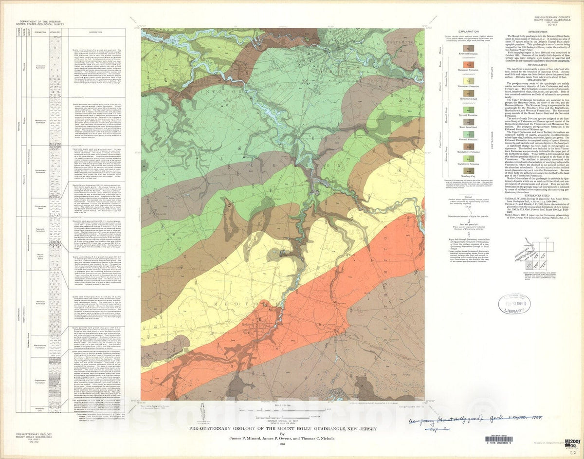 Map : Pre-Quaternary geology of the Mount Holly quadrangle, New Jersey, 1964 Cartography Wall Art :