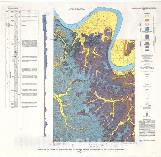 Map : Geology of the Cloverport quadrangle, Kentucky-Indiana and the Kentucky part of the Cannelton quadrangle, 1965 Cartography Wall Art :
