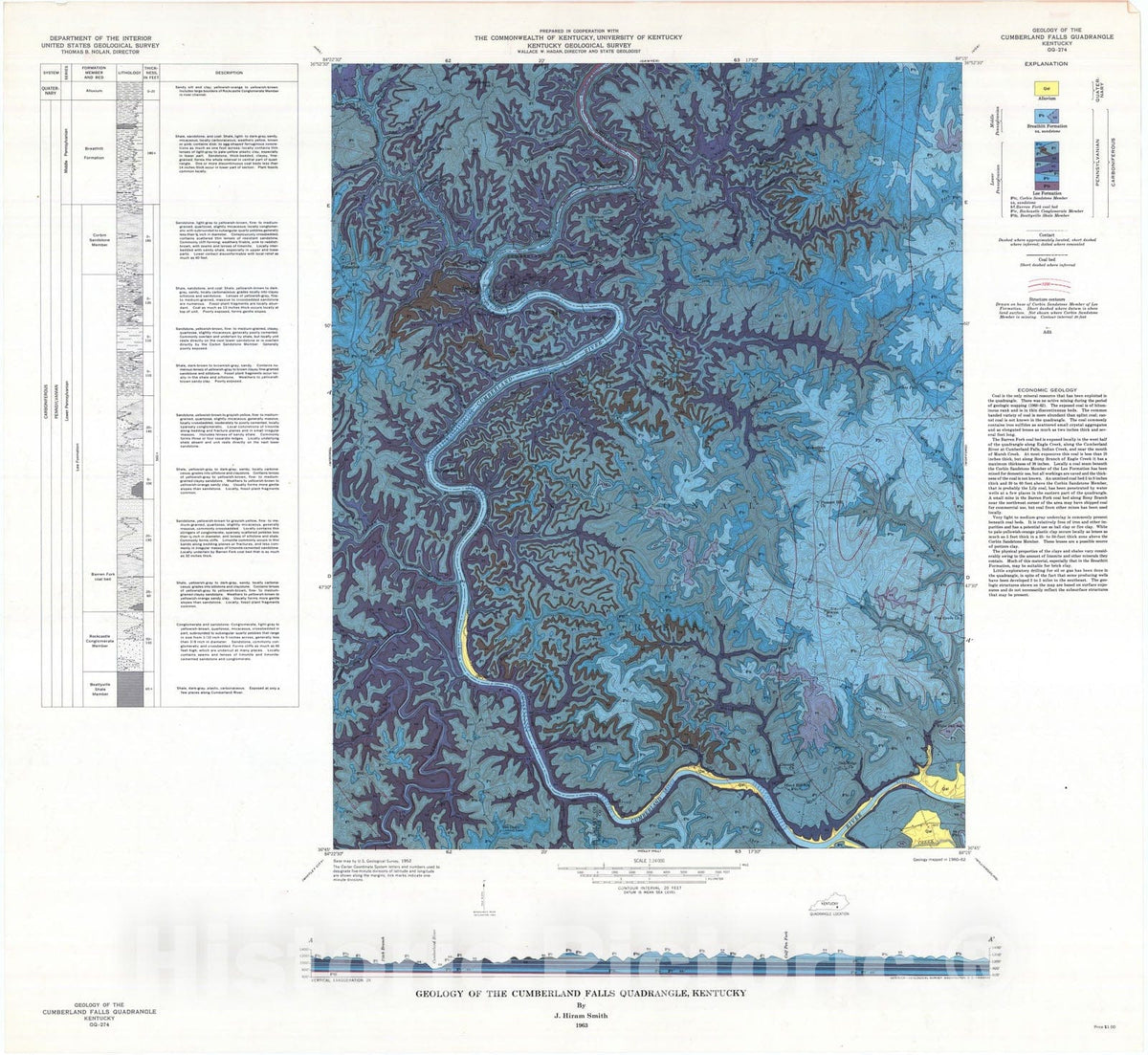 Map : Geology of the Cumberland Falls quadrangle, Kentucky, 1963 Cartography Wall Art :