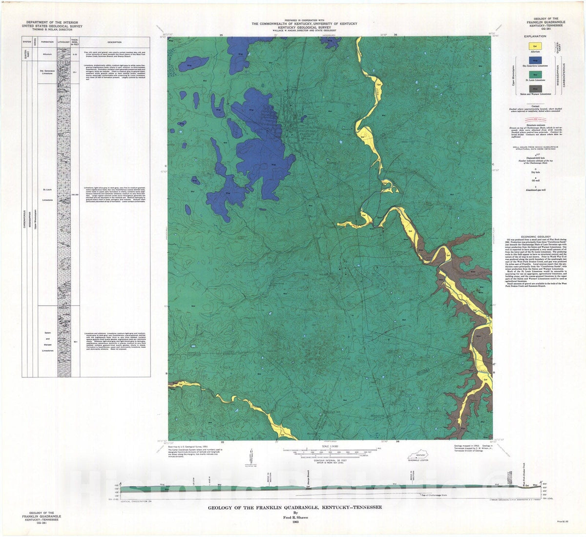 Map : Geology of the Franklin quadrangle, Kentucky-Tennessee, 1963 Cartography Wall Art :