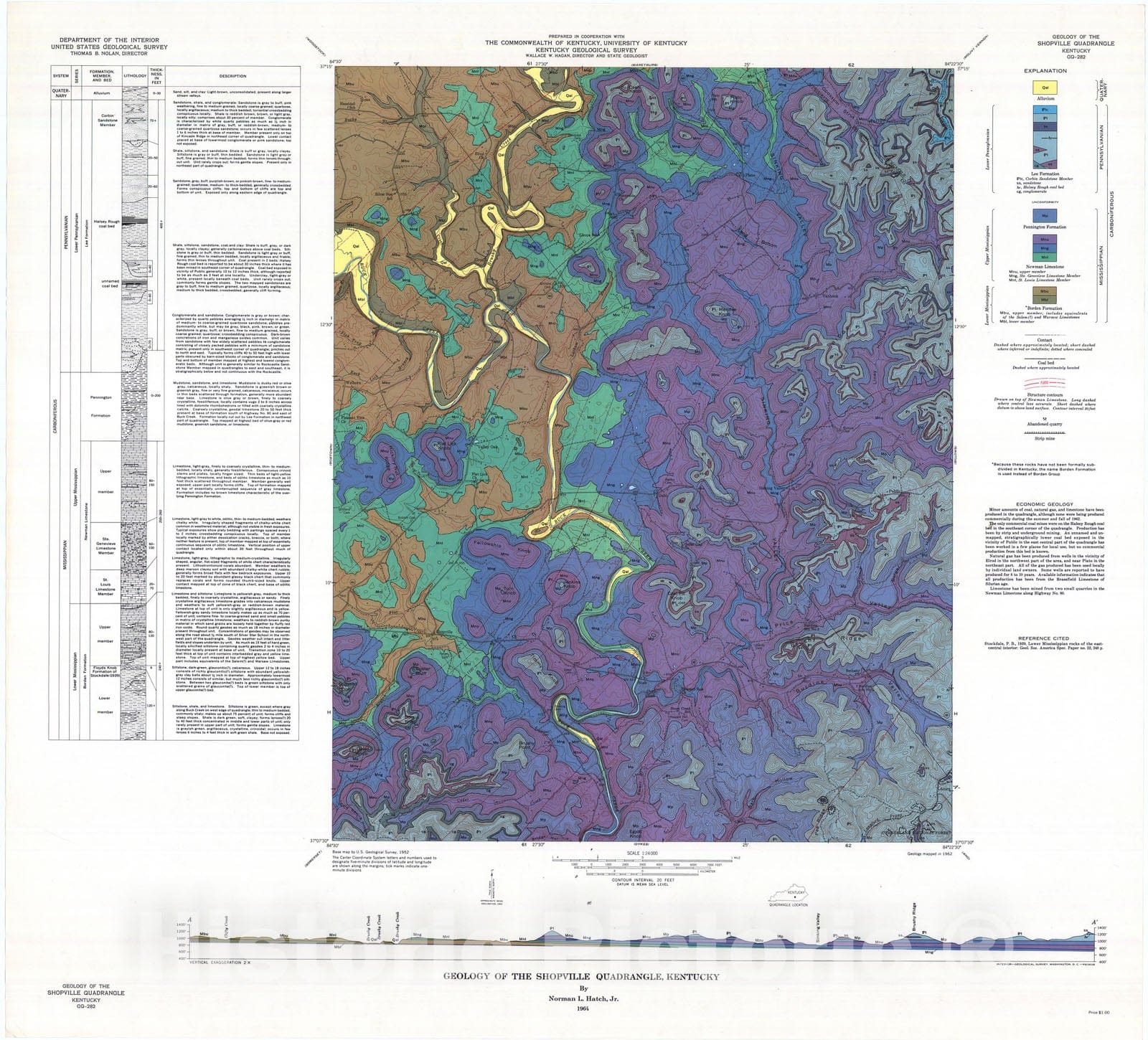 Map : Geology of the Shopville quadrangle, Kentucky, 1964 Cartography Wall Art :