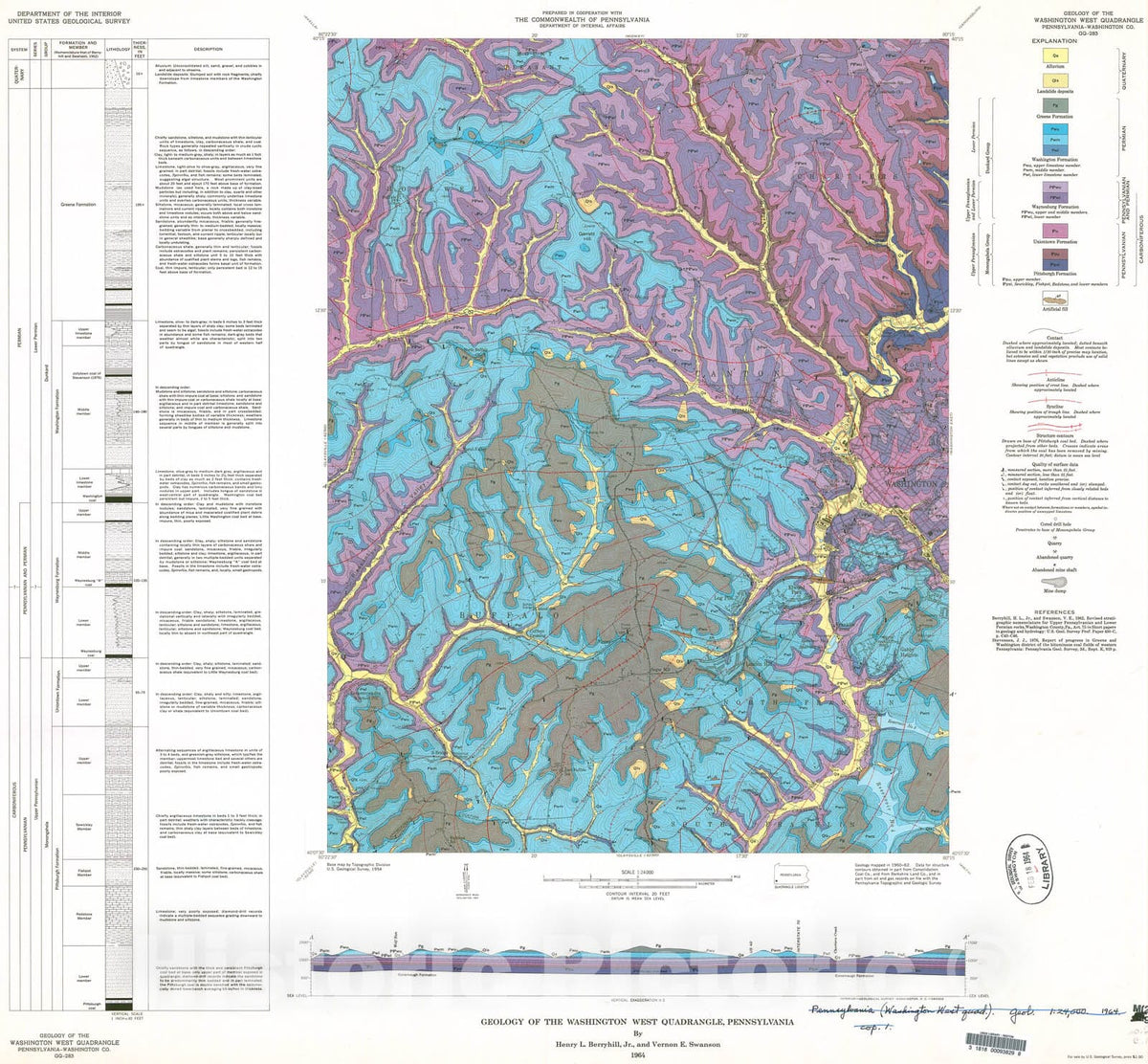 Map : Geology of the Washington West quadrangle, Pennsylvania, 1964 Cartography Wall Art :