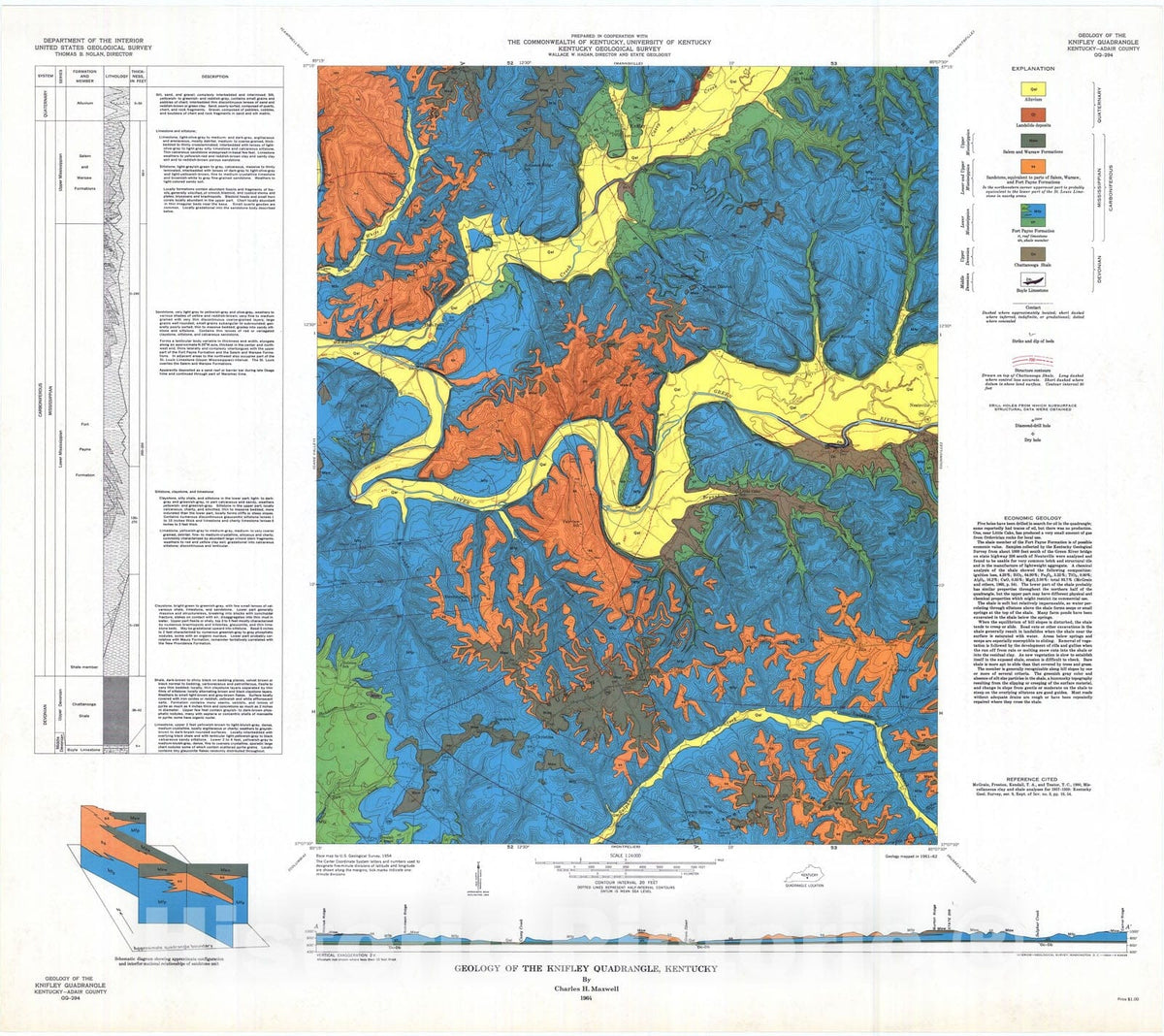 Map : Geology of the Knifley quadrangle, Kentucky, 1964 Cartography Wall Art :