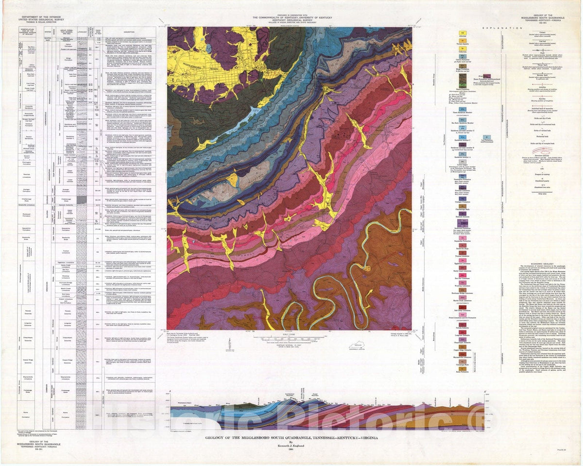 Map : Geology of the Middlesboro South quadrangle, Tennessee-Kentucky-Virginia, 1964 Cartography Wall Art :