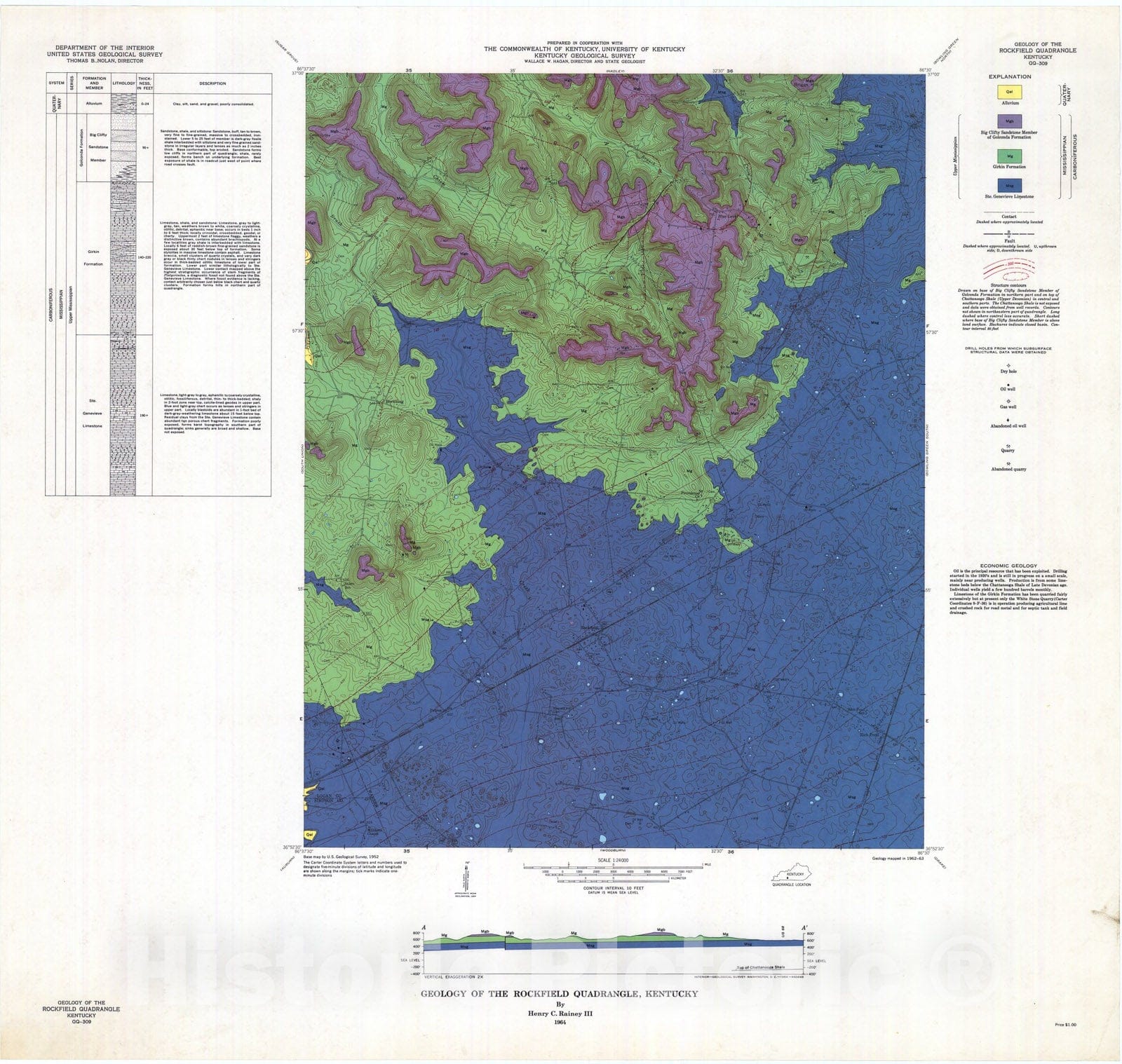 Map : Geology of the Rockfield quadrangle, Kentucky, 1964 Cartography Wall Art :