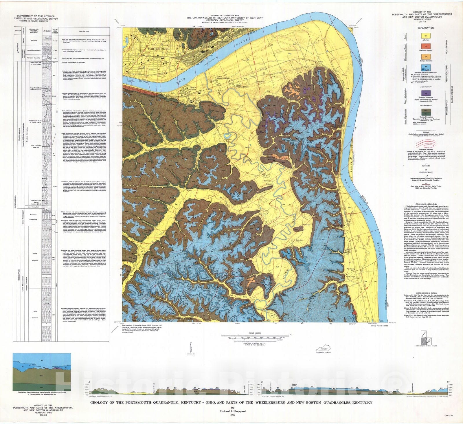 Map : Geology of the Portsmouth quadrangle, Kentucky-Ohio and parts of the Wheelersburg and New Boston quadrangles, Kentucky, 1964 Cartography Wall Art :