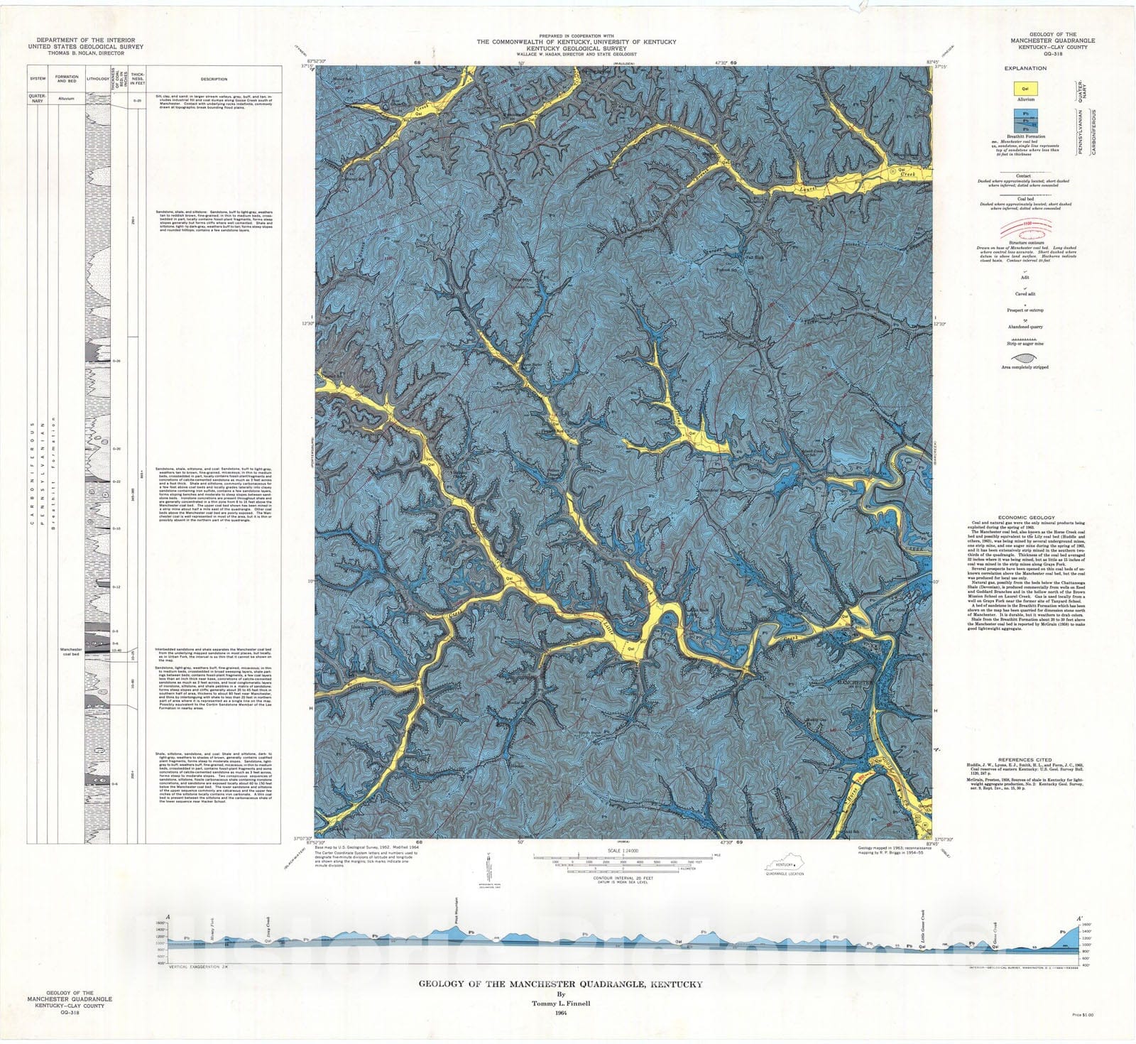 Map : Geology of the Manchester quadrangle, Kentucky, 1964 Cartography Wall Art :