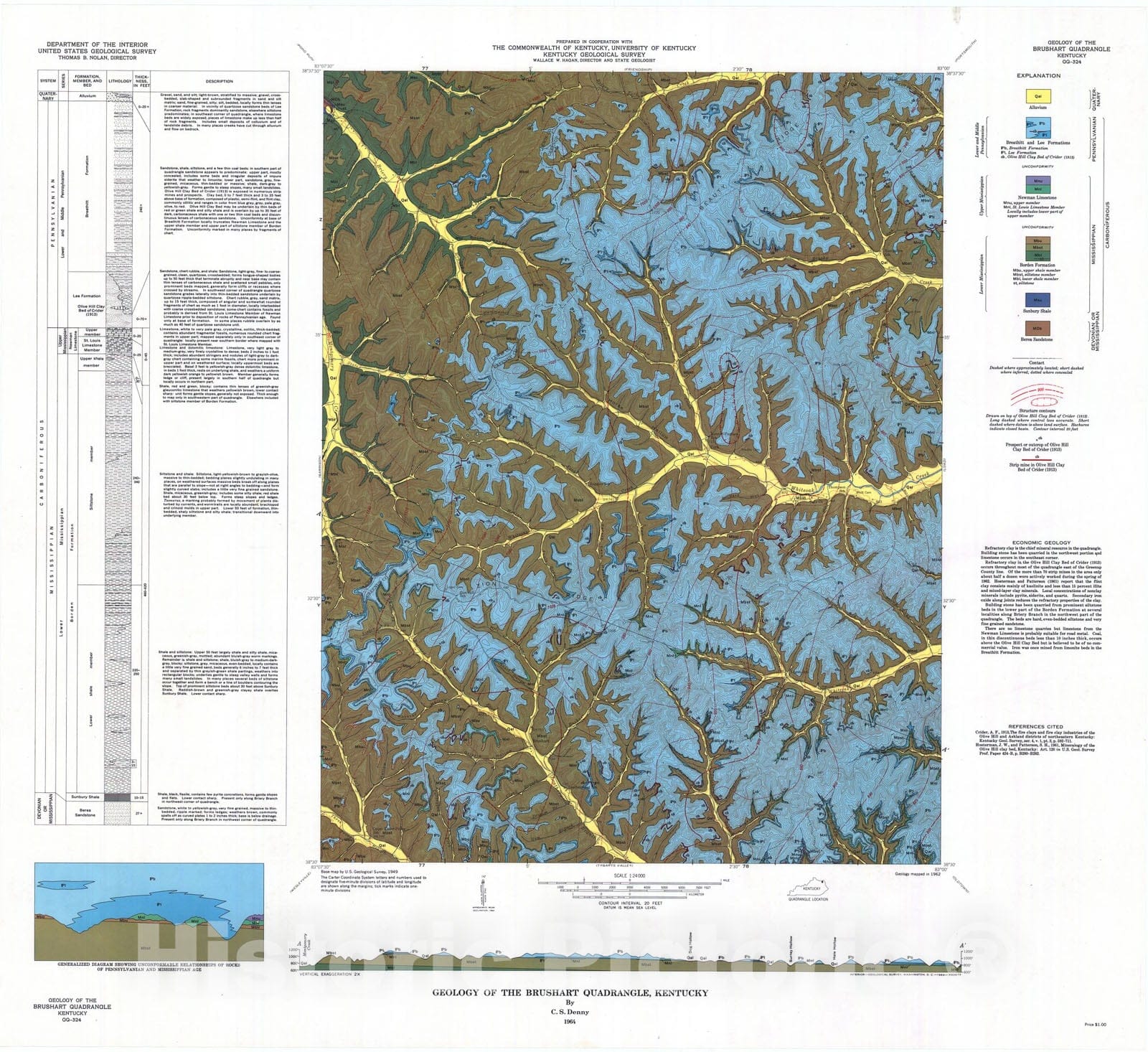 Map : Geology of the Brushart quadrangle, Kentucky, 1964 Cartography Wall Art :