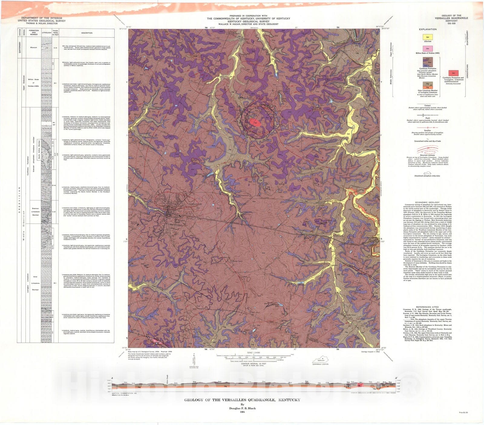 Map : Geology of the Versailles quadrangle, Kentucky, 1964 Cartography Wall Art :