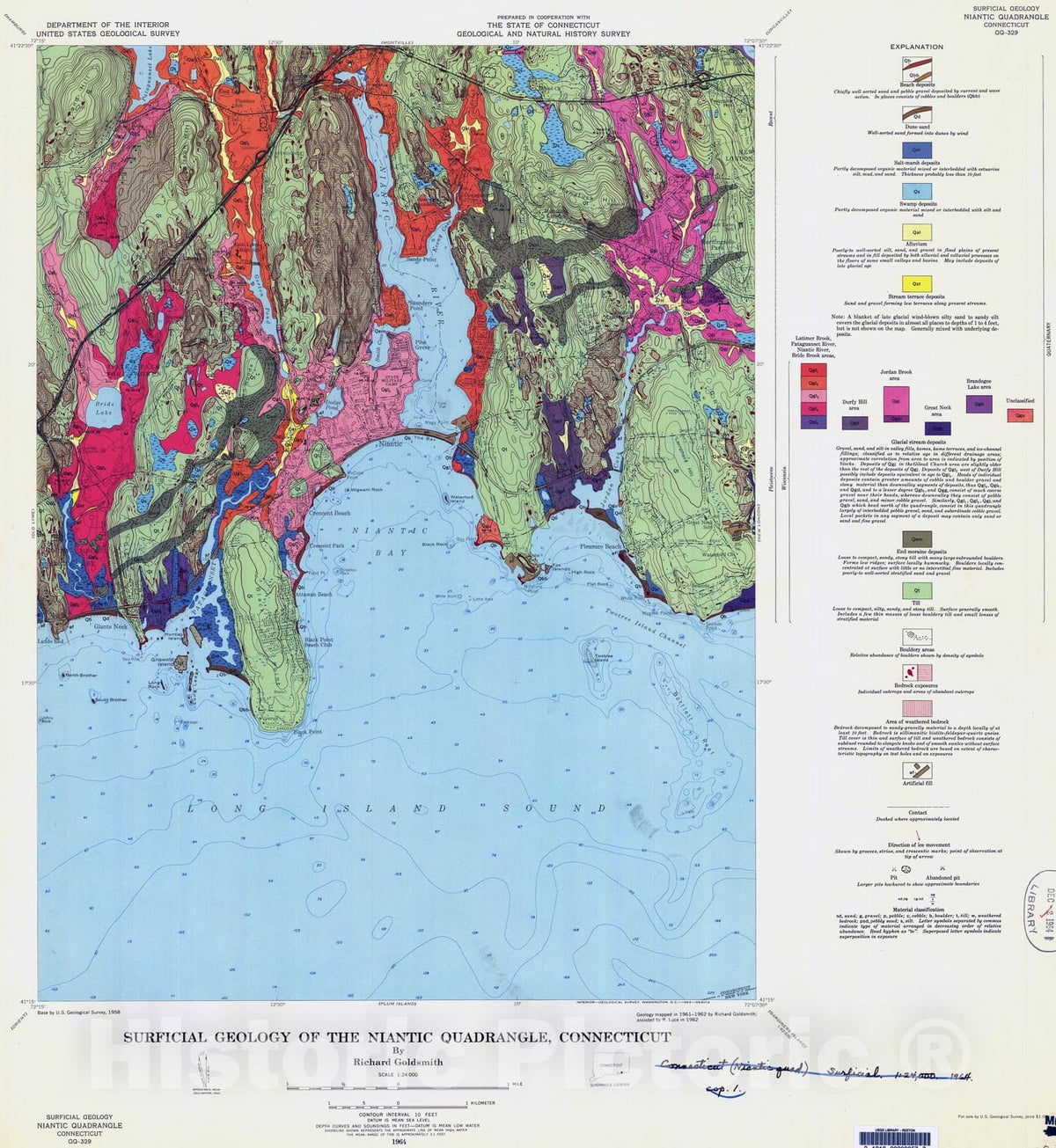 Map : Surficial geology of the Niantic quadrangle, Connecticut, 1964 Cartography Wall Art :