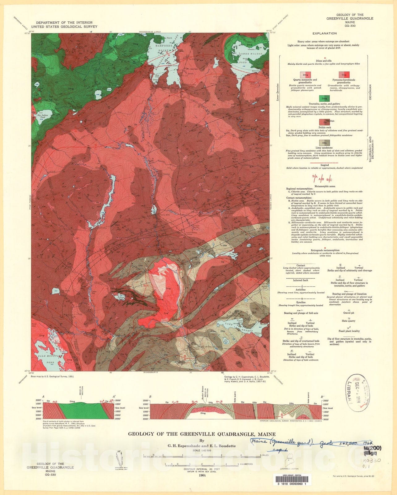 Map : Geology of the Greenville quadrangle, Maine, 1964 Cartography Wall Art :