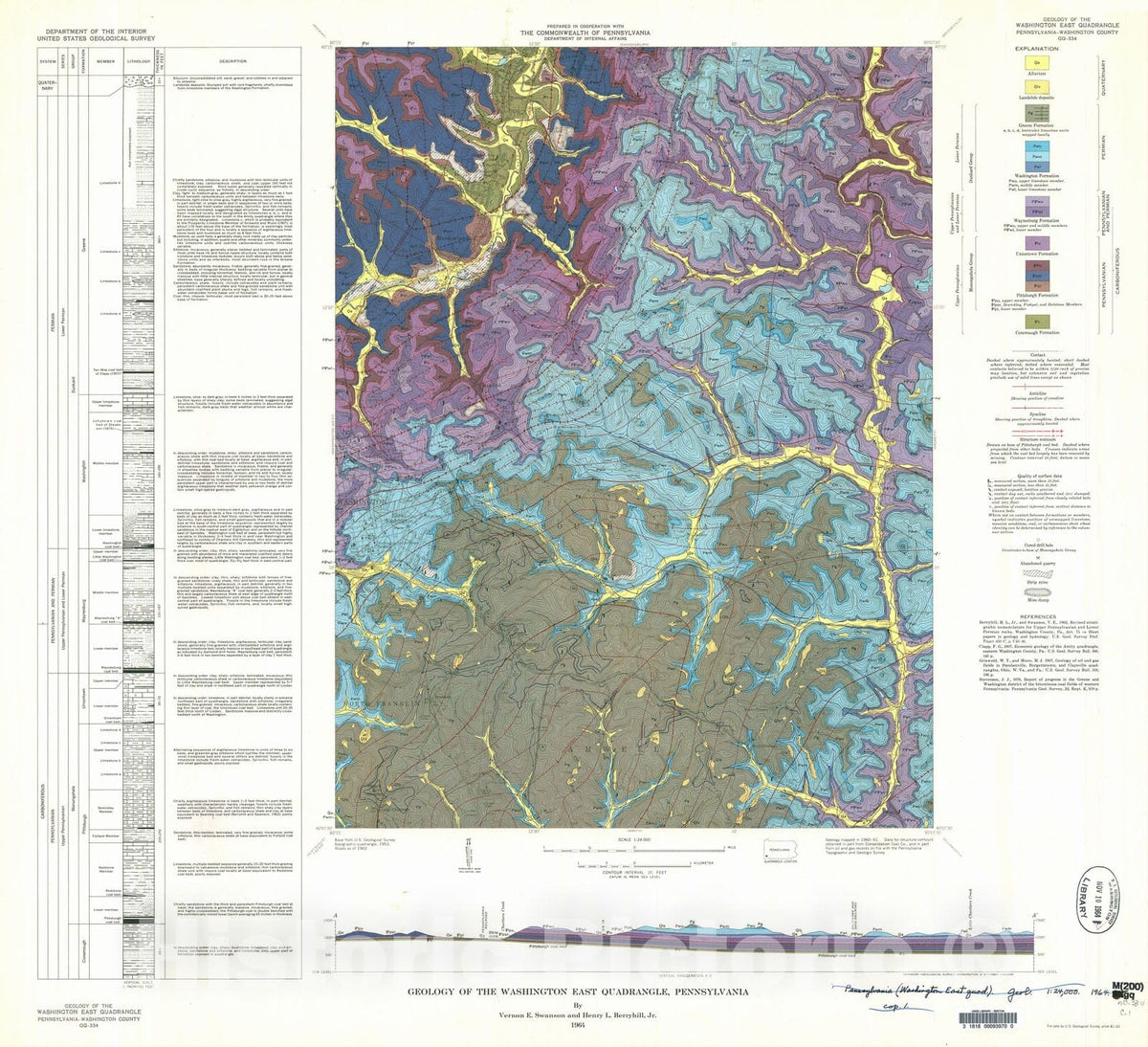 Map : Geology of the Washington East quadrangle, Pennsylvania, 1964 Cartography Wall Art :