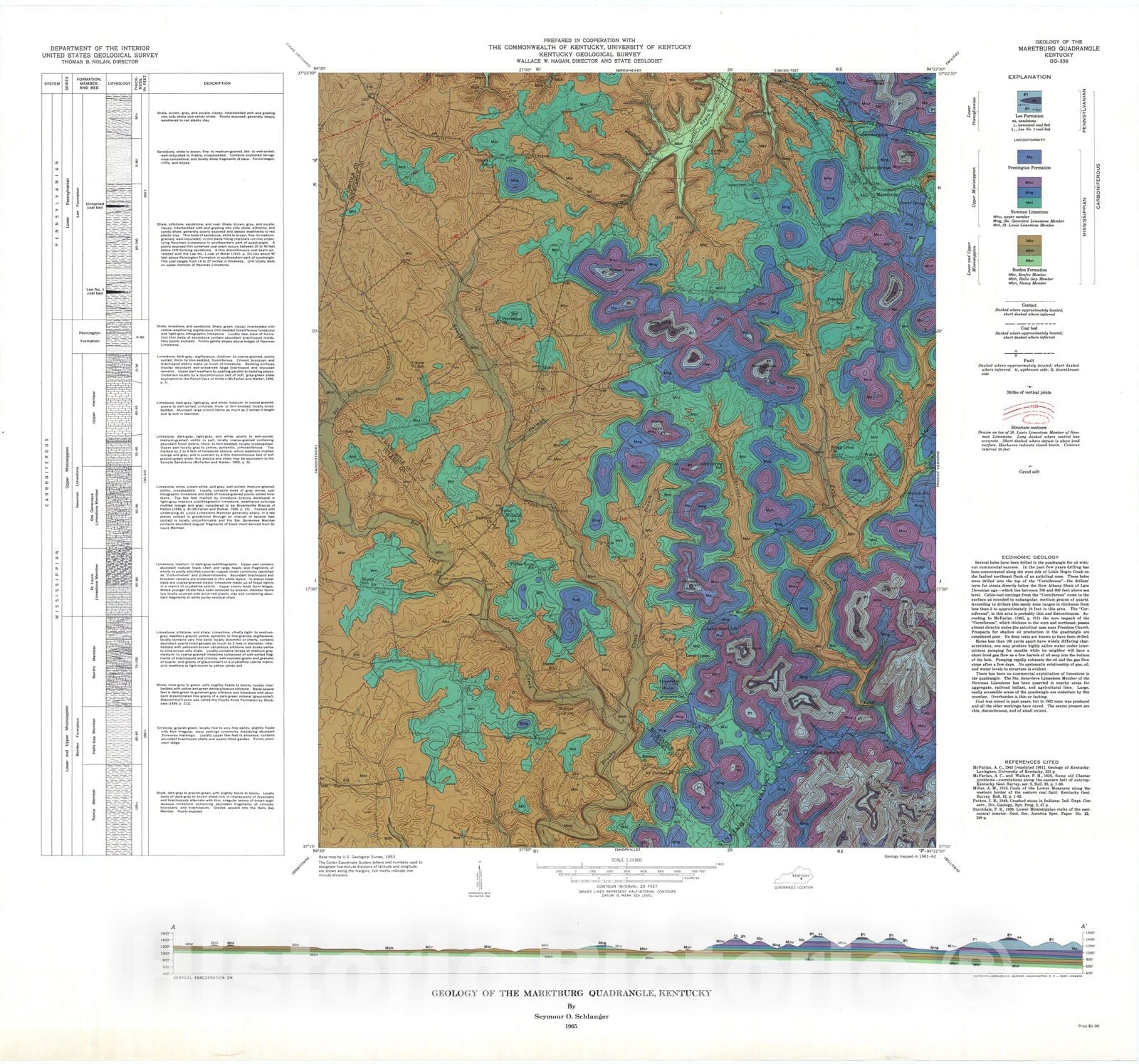 Map : Geology of the Maretburg quadrangle, Kentucky, 1965 Cartography Wall Art :