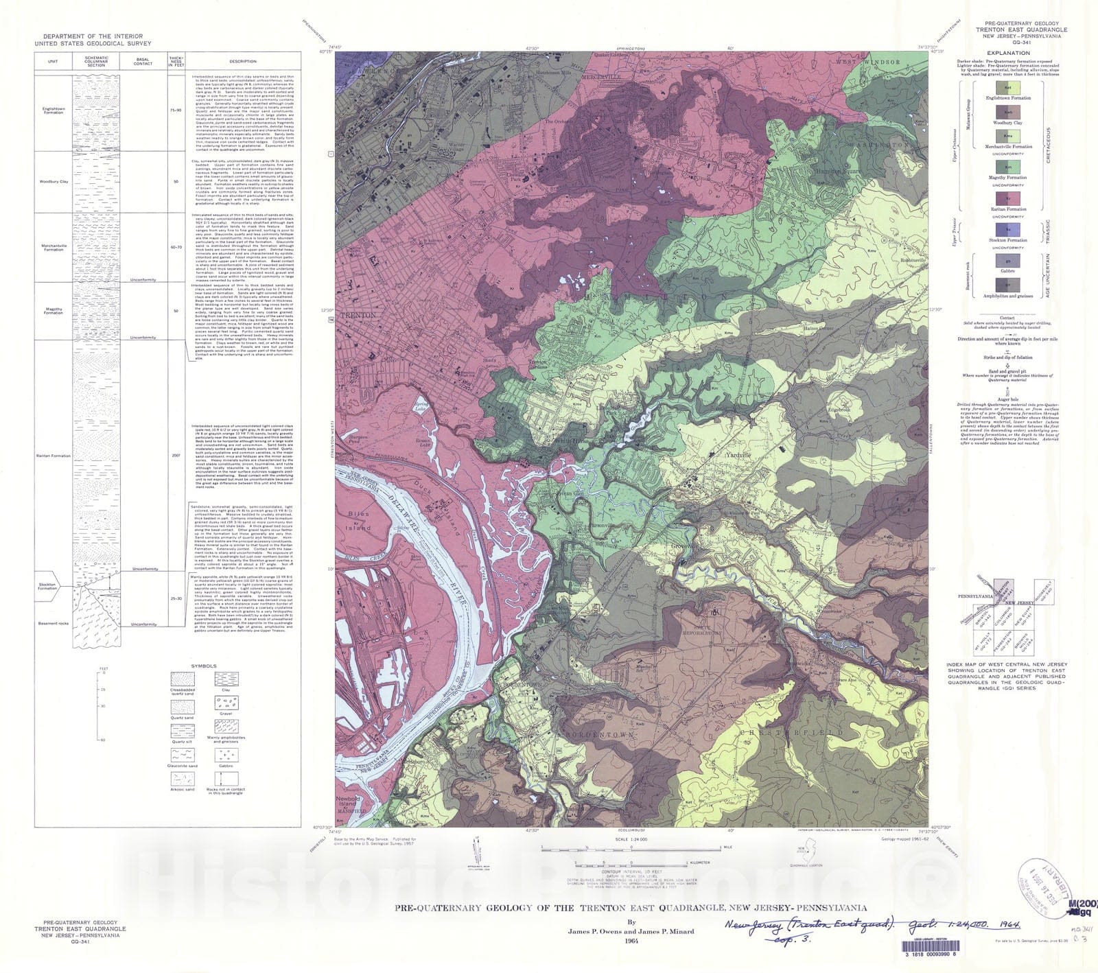 Map : Pre-Quaternary geology of the Trenton East quadrangle, New Jersey, 1964 Cartography Wall Art :
