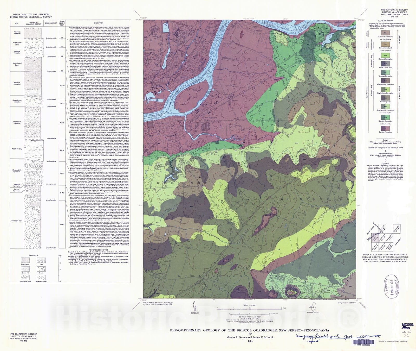 Map : Pre-Quaternary geology of the Bristol quadrangle, New Jersey-Pennsylvania, 1964 Cartography Wall Art :