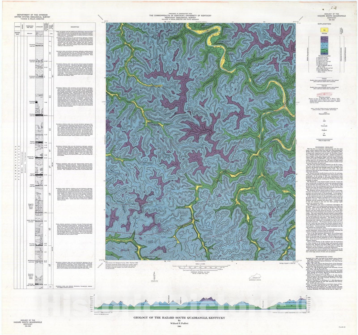 Map : Geology of the Hazard South quadrangle, Kentucky, 1964 Cartography Wall Art :