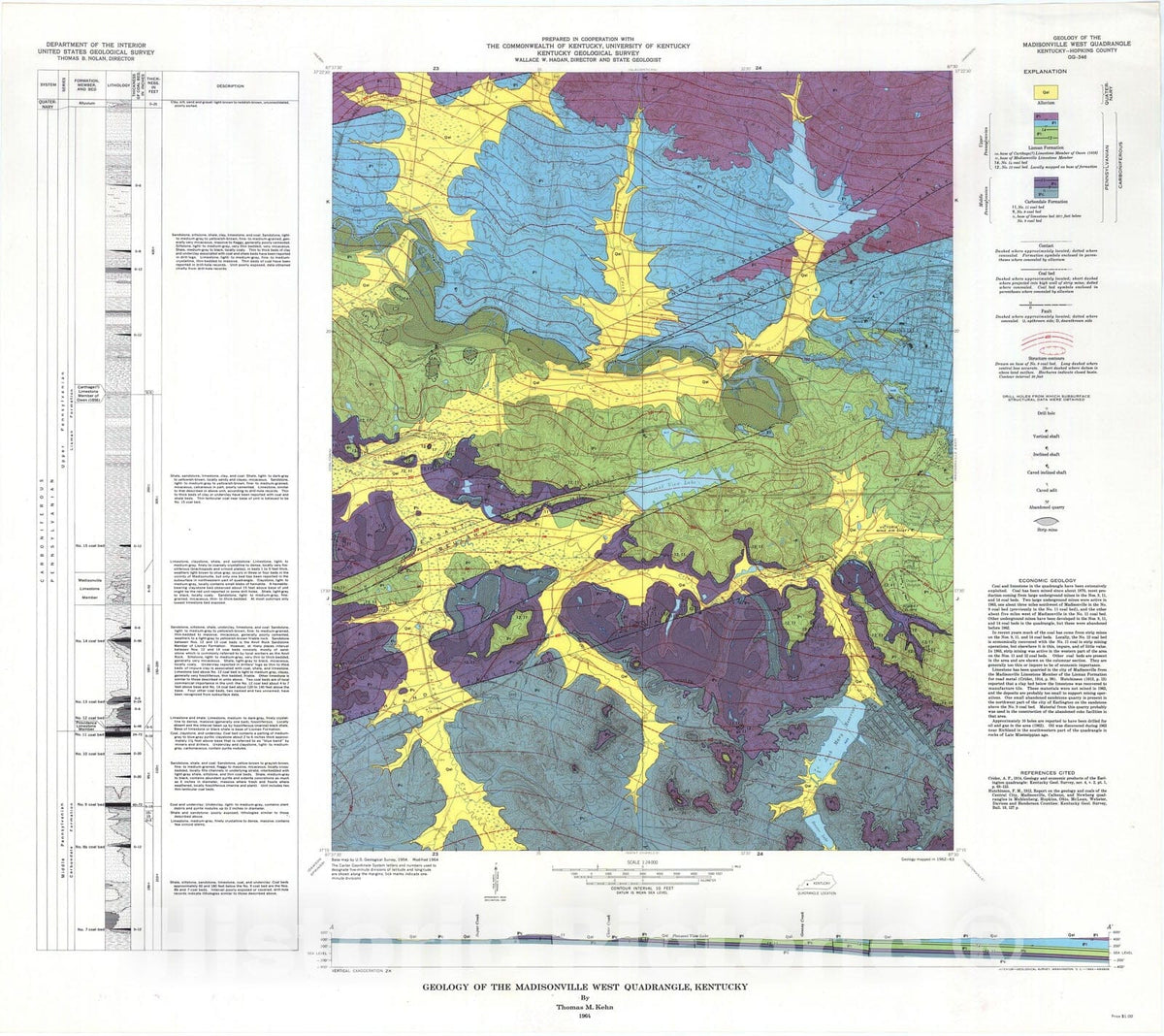 Map : Geology of the Madisonville West quadrangle, Kentucky, 1964 Cartography Wall Art :