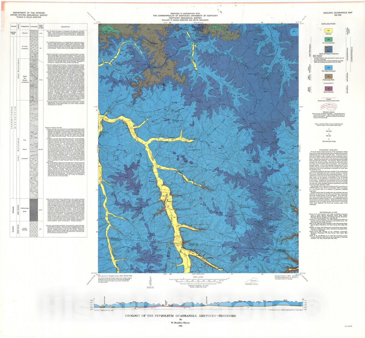 Map : Geology of the Petroleum quadrangle, Kentucky-Tennessee, 1964 Cartography Wall Art :
