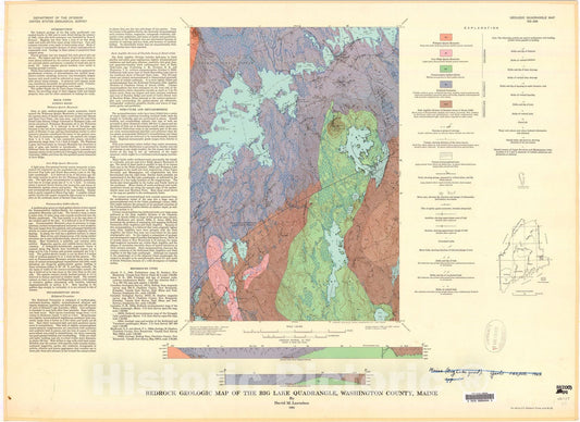 Map : Bedrock geologic map of the Big Lake quadrangle, Washington County, Maine, 1964 Cartography Wall Art :