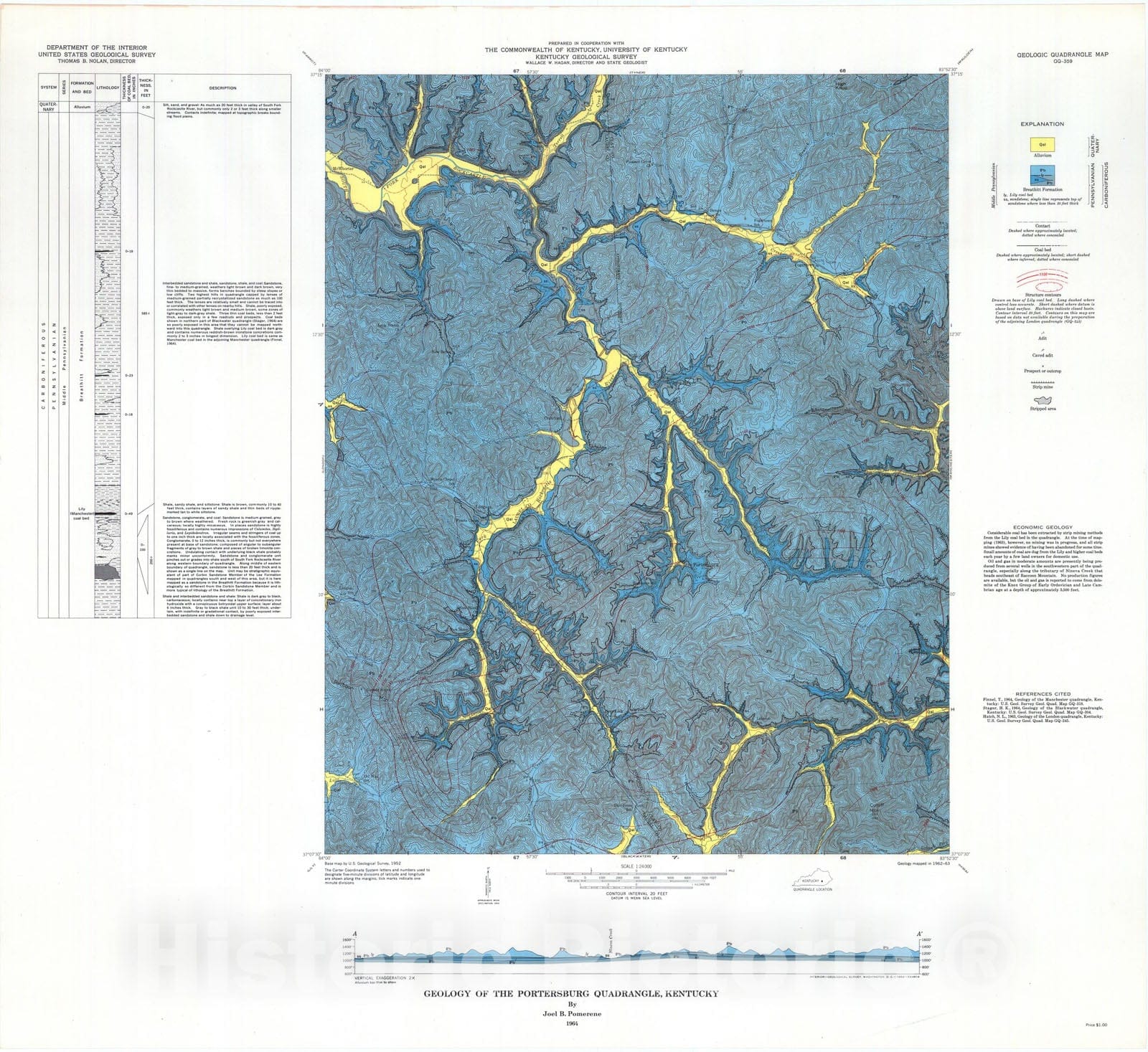 Map : Geology of the Portersburg quadrangle, Kentucky, 1964 Cartography Wall Art :