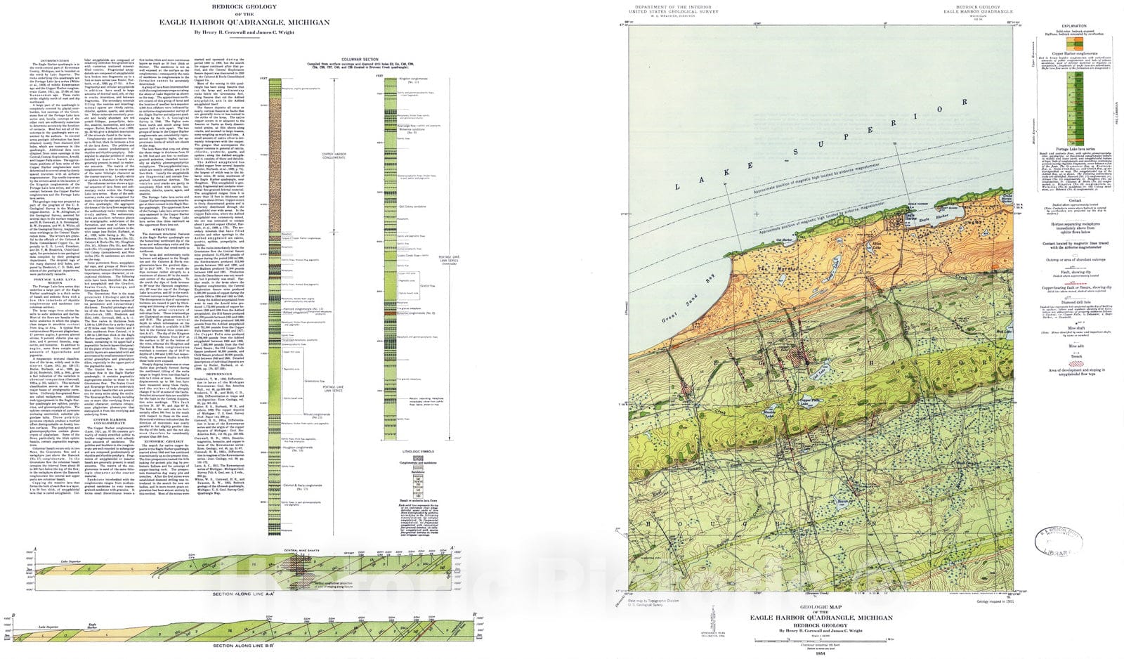 Map : Bedrock geology of the Eagle Harbor quadrangle, Michigan, 1954 Cartography Wall Art :
