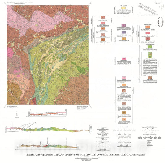 Map : Geology of the Linville quadrangle, North Carolina-Tennessee, 1965 Cartography Wall Art :
