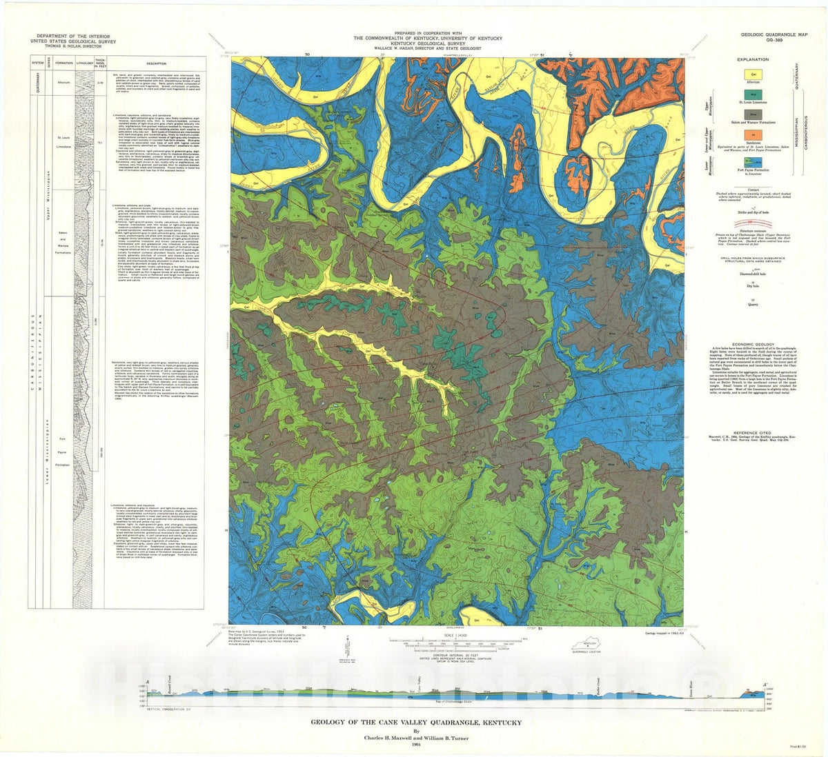 Map : Geology of the Cane Valley quadrangle, Kentucky, 1964 Cartography Wall Art :