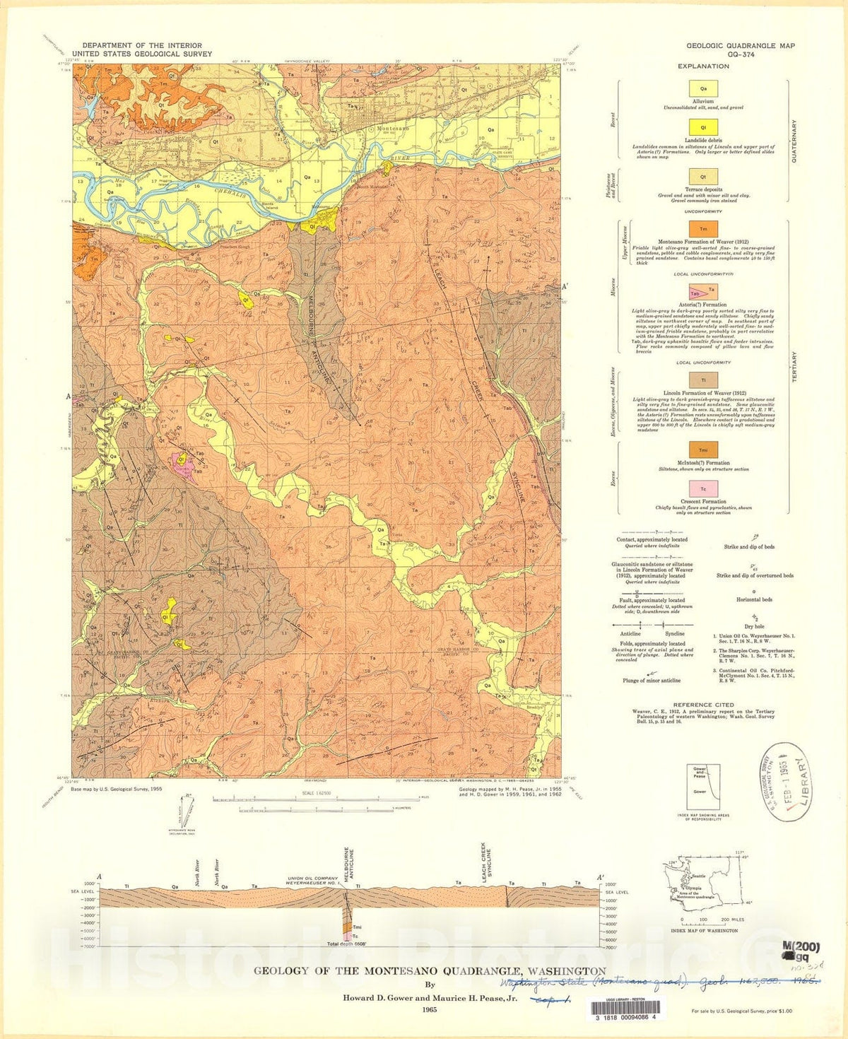 Map : Geology of the Montesano quadrangle, Washington, 1965 Cartography Wall Art :