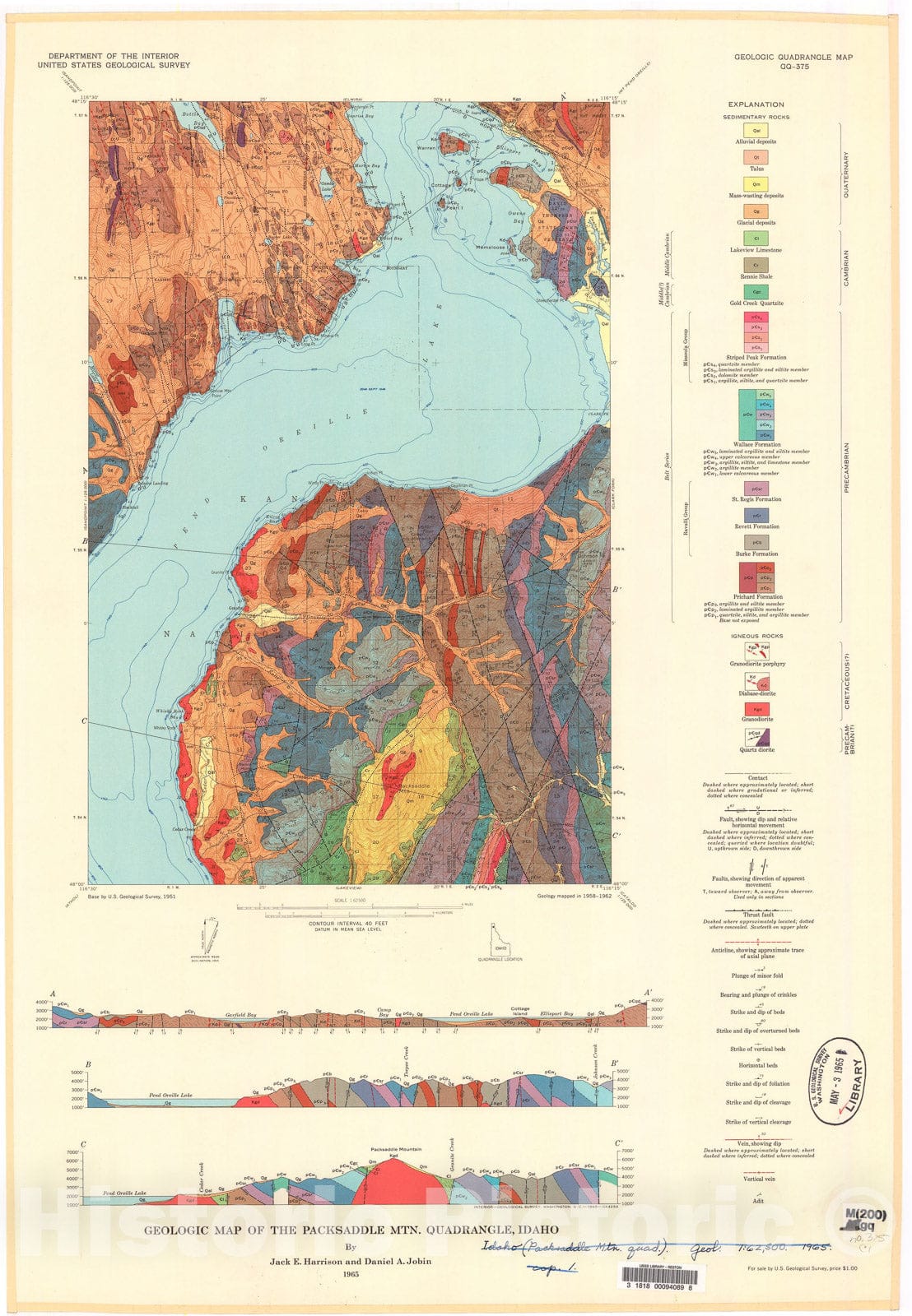 Map : Geologic map of the Packsaddle Mtn. quadrangle, Idaho, 1965 Cartography Wall Art :