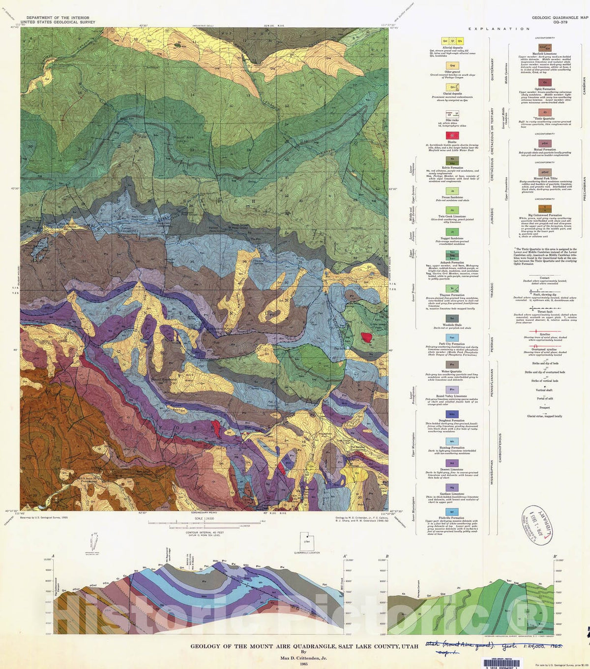 Map : Geology of the Mount Aire quadrangle, Salt Lake County, Utah, 1965 Cartography Wall Art :