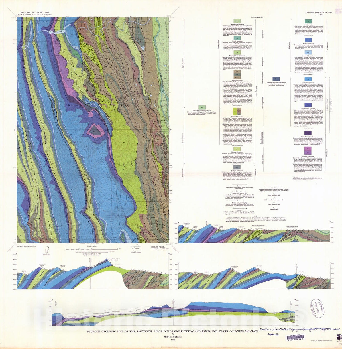 Map : Bedrock geologic map of the Sawtooth Ridge quadrangle, Teton and Lewis and Clark Counties, Montana, 1965 Cartography Wall Art :