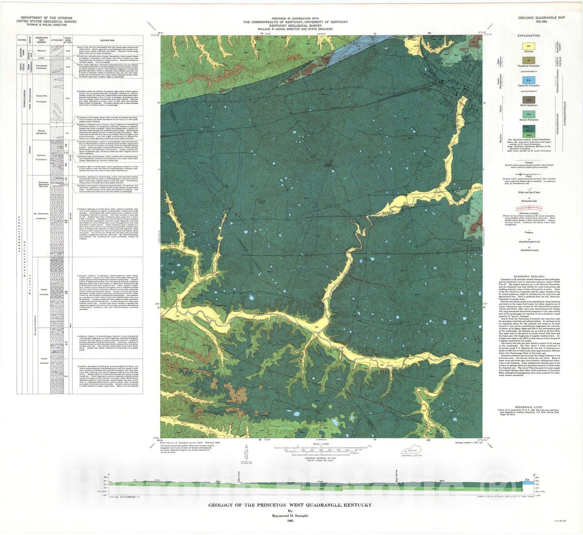 Map : Geology of the Princeton West quadrangle, Kentucky, 1965 Cartography Wall Art :